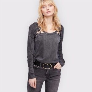 We the Free Linen Blend First Love Lace Up Long Sleeve Tee Size Small